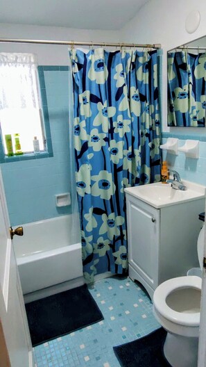 Hair dryer, towels, soap