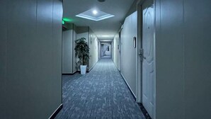 A long, narrow hallway with a grey carpet, a potted plant, and doors on both sides. - Jiahao Hotel (Changzhou)
