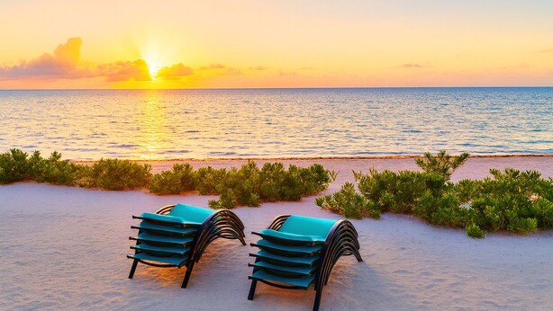 A beach with two rows of lounge chairs facing the ocean at sunset.