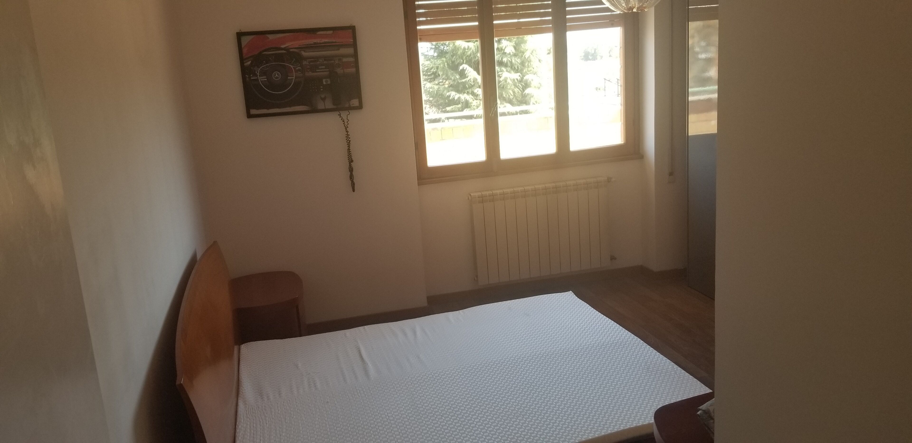 A room with a bed, a radiator, a window with blinds, and a wall-mounted picture.