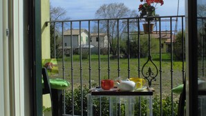Un balcon avec une table, des chaises et un pot de fleurs.