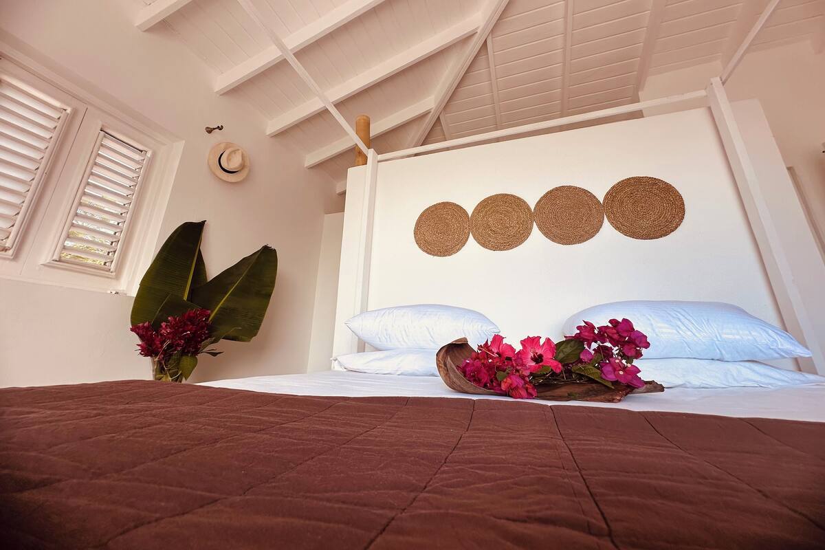 A bedroom with a bed, a large plant, and a wall with circular woven decorations.
