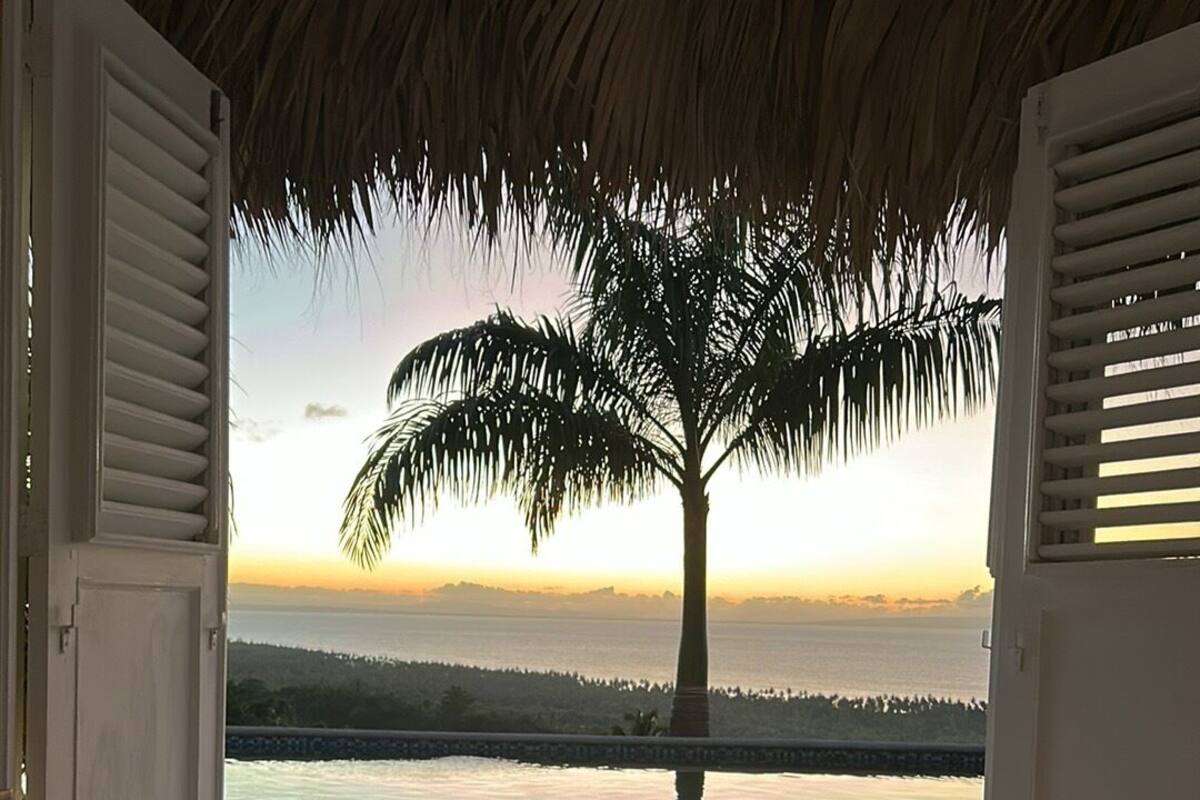 A bedroom with a bed, a window with shutters, and a view of a palm tree and sunset.