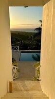 Una escalera que lleva a una piscina con vistas al océano y al follaje.