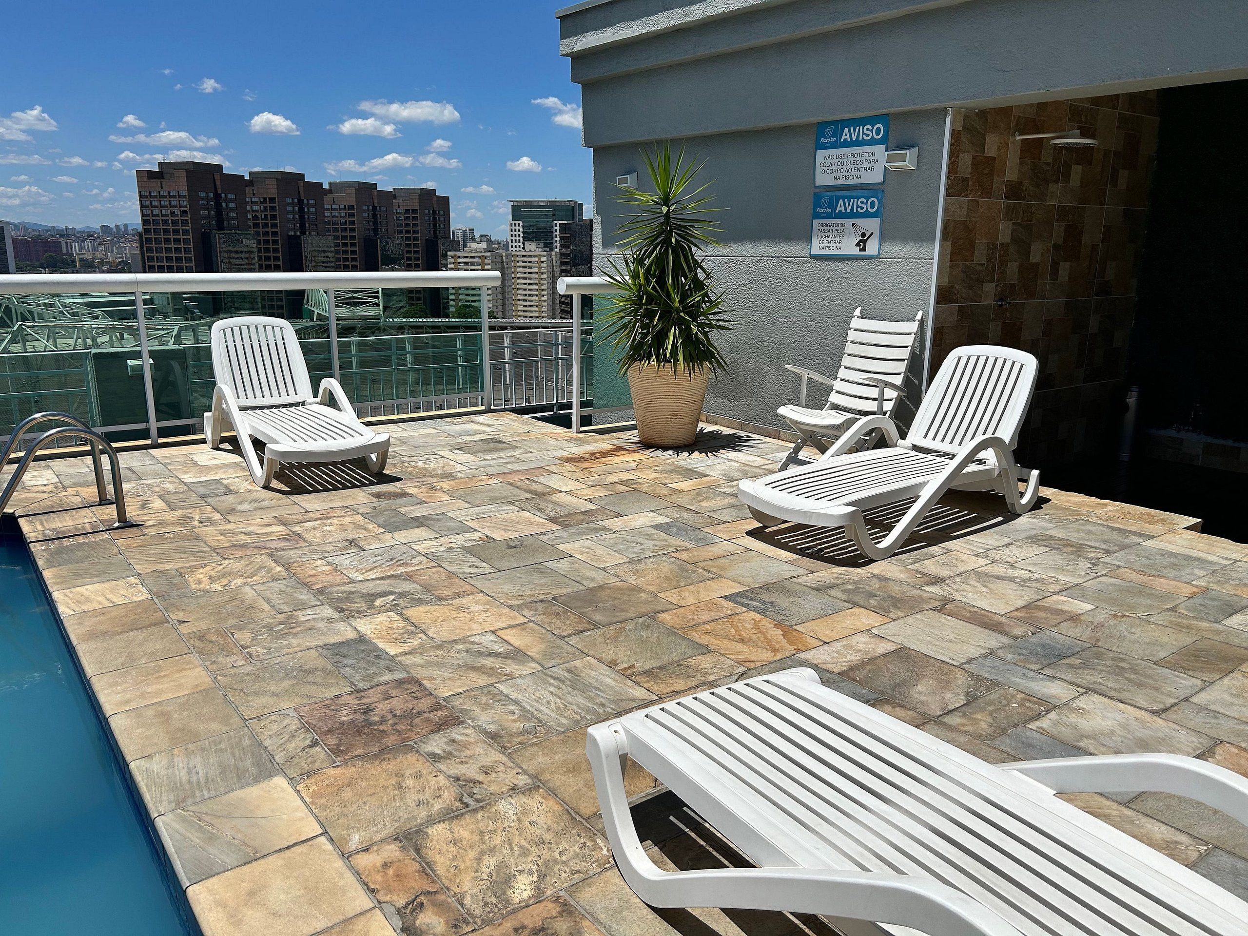 A rooftop pool area with lounge chairs, a potted plant, and a city view.