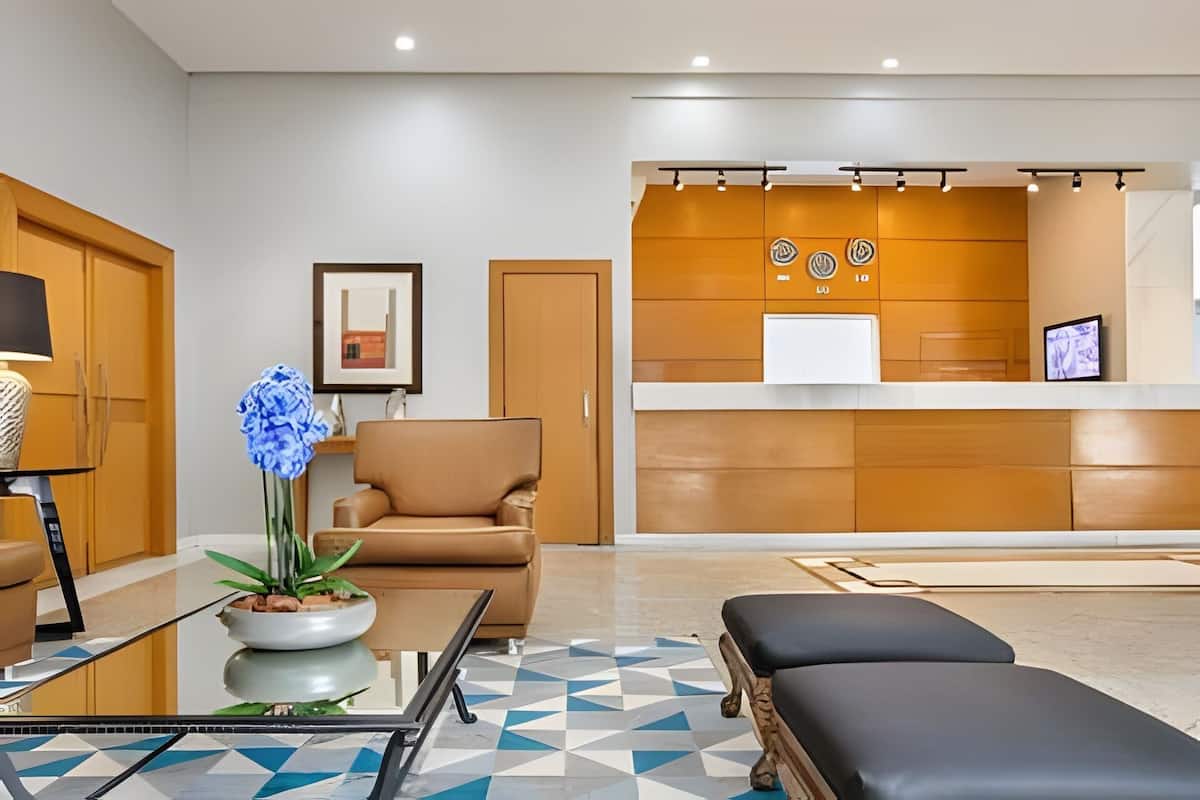Un espace d’accueil moderne comprenant un comptoir de réception, un canapé, un fauteuil, une table basse agrémentée d’une plante et un sol à motifs.