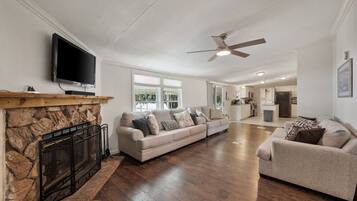 Smart TV, fireplace, books