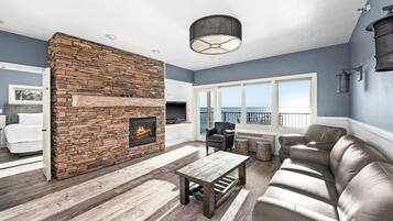 Smart TV, fireplace, books