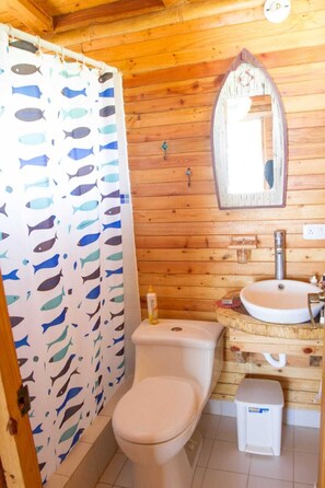 Shower, towels, soap, toilet paper