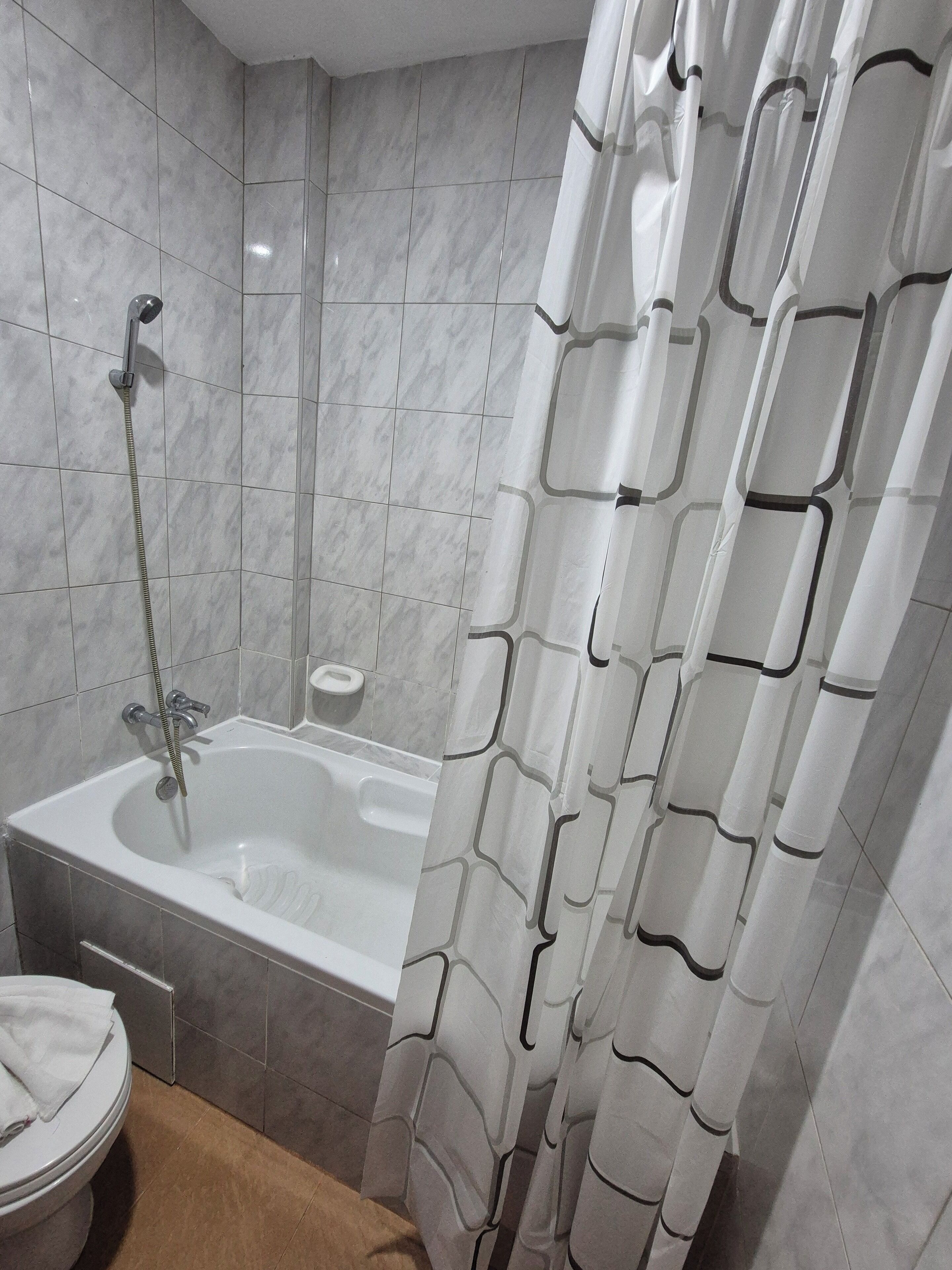Ein Badezimmer mit Badewanne, Dusche und Toilette.