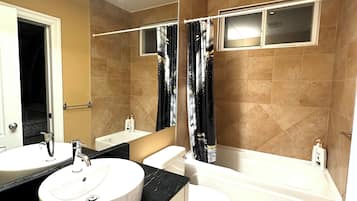 Hair dryer, towels, toilet paper