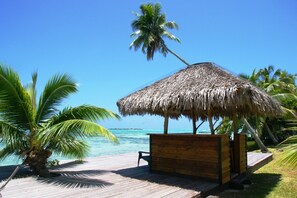 A wooden deck with a thatched-roof structure, palm trees, and a clear view of the ocean.
