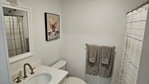 Une salle de bain équipée d’un lavabo, de toilettes et d’un rideau de douche.