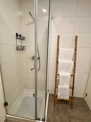 Shower, hair dryer, towels, toilet paper