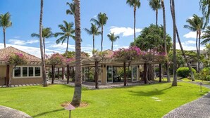 Un resort con césped cuidado, palmeras y una zona exterior cubierta con paredes de vidrio.