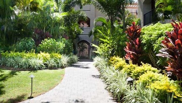 A pathway leading to a building entrance surrounded by lush greenery and a well-maintained garden. - Pool, Tennis, BBQ area, Close to Beach & Shops (Waikoloa Village)