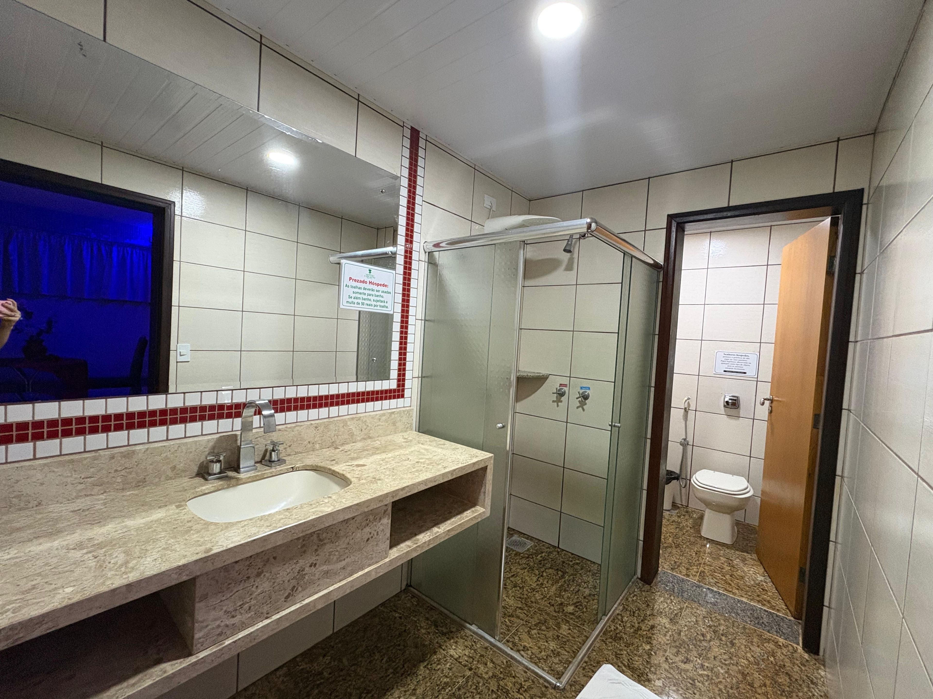 A bathroom with a sink, mirror, shower, and toilet.