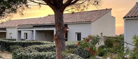 A building with a tiled roof and a tree in the foreground.