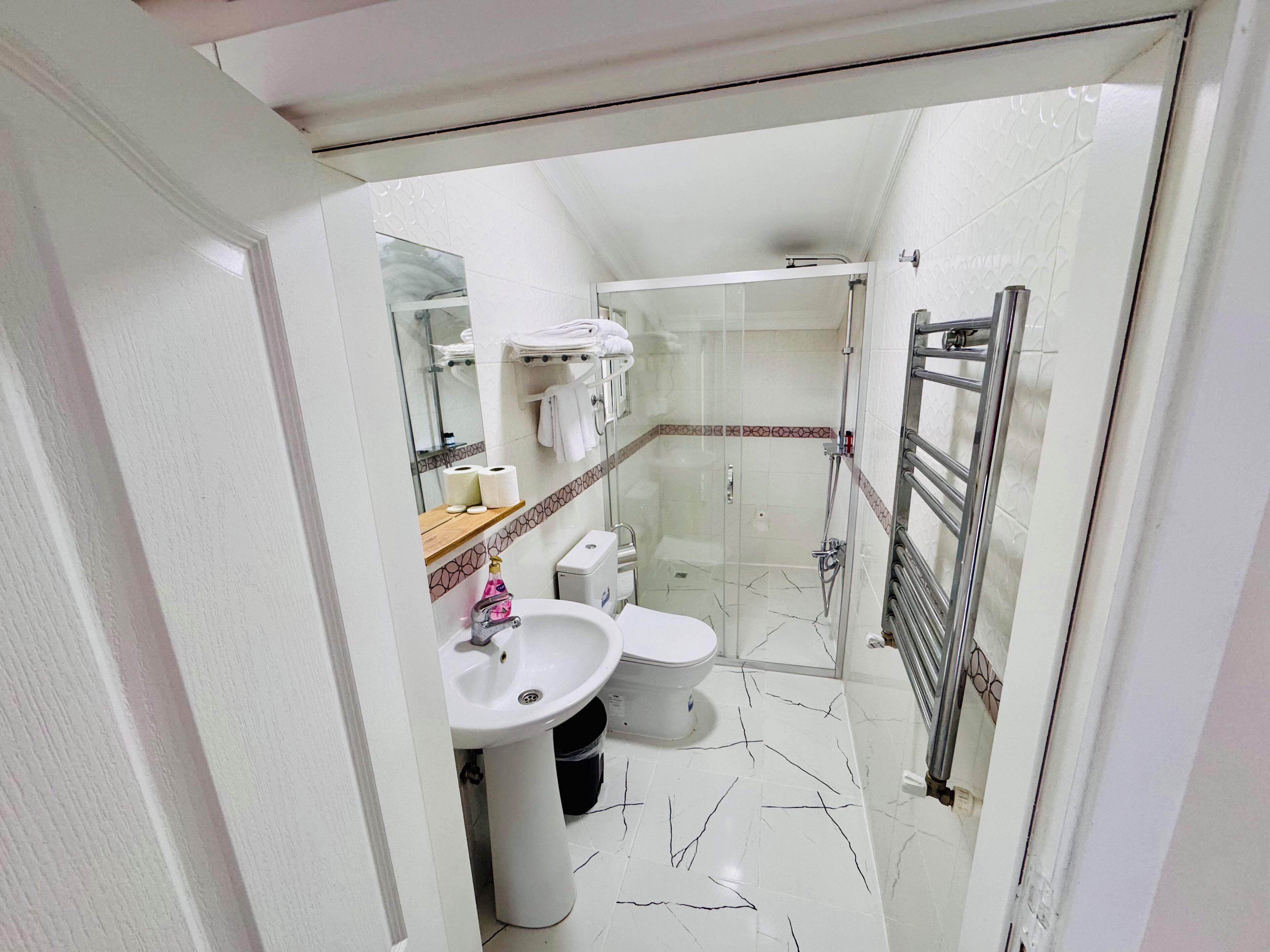 Une salle de bain moderne avec une douche à parois de verre, un lavabo et des toilettes.