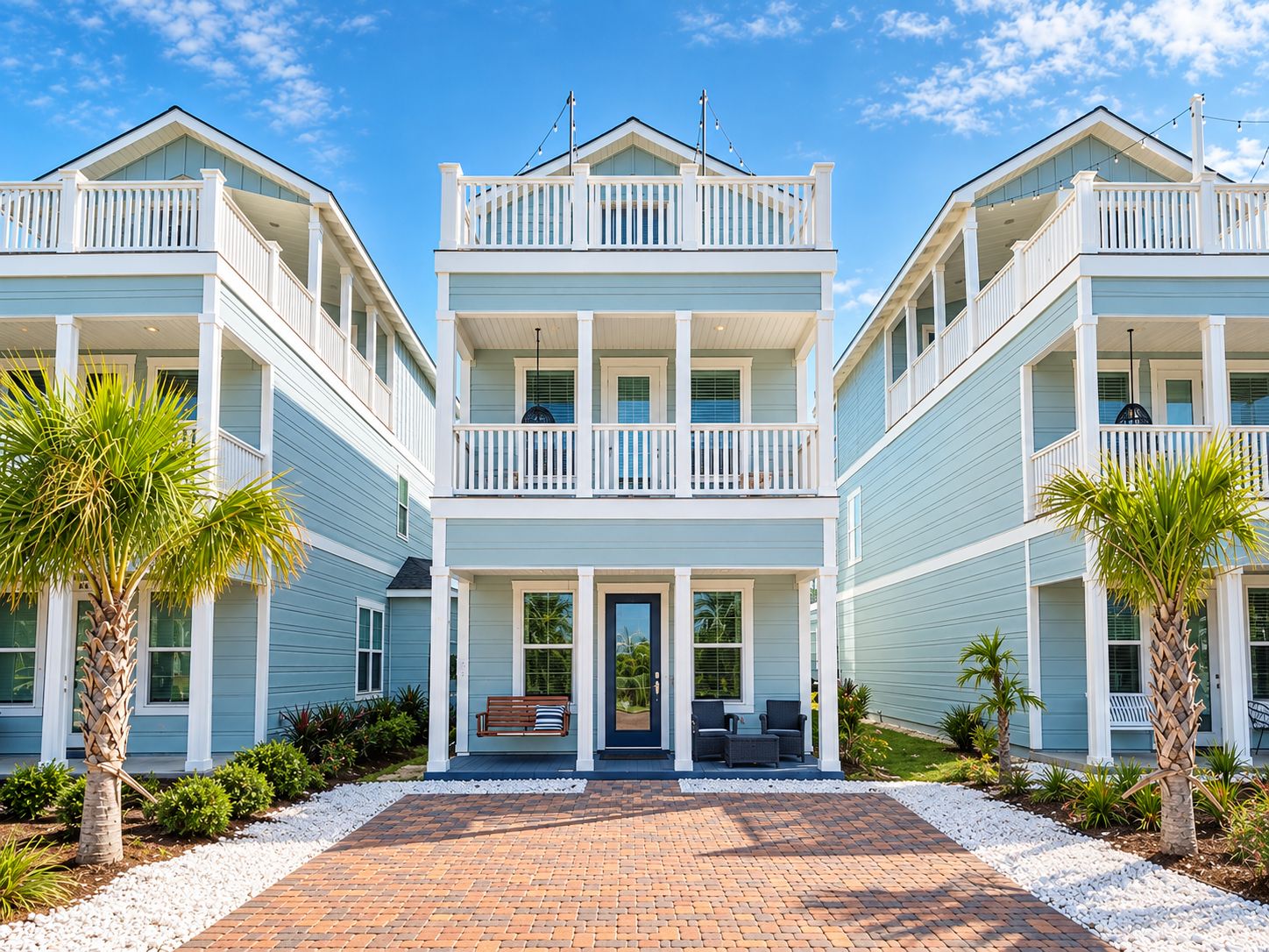 A two-story beachfront property with a central entrance, a covered patio, and a brick pathway leading to the entrance.