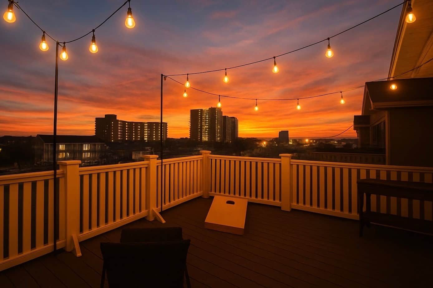 A balcony with string lights, a wooden deck, and a view of buildings during sunset.