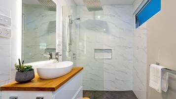 Shower, hair dryer, towels, shampoo