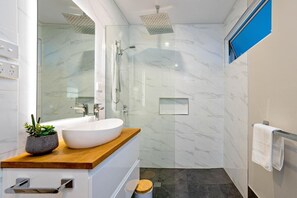 Chuveiro, secador de cabelo, toalhas de banho, shampoo