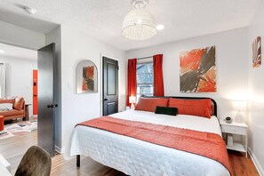 1 bedroom, desk, iron/ironing board, travel cot