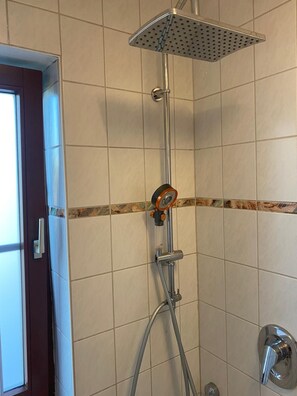 Hair dryer, towels, soap, toilet paper