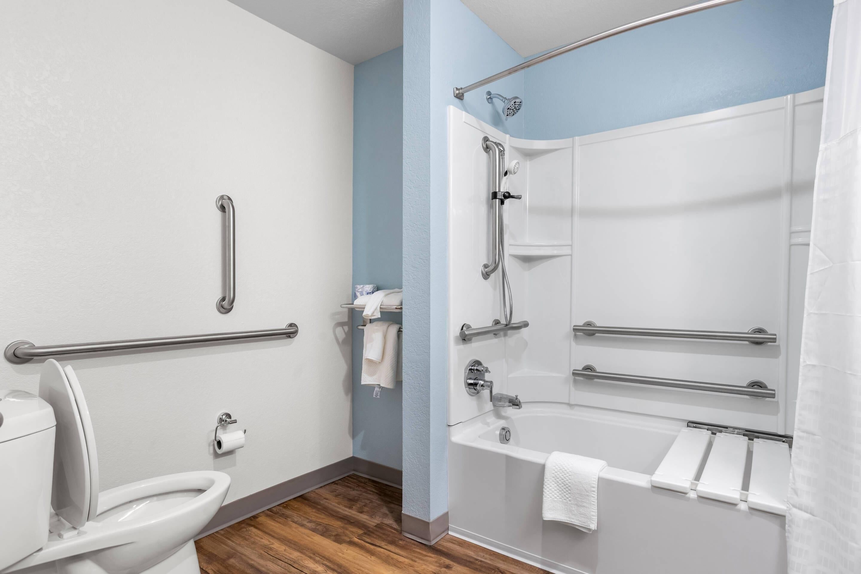 A bathroom with a toilet, a shower with grab bars, and a bathtub.