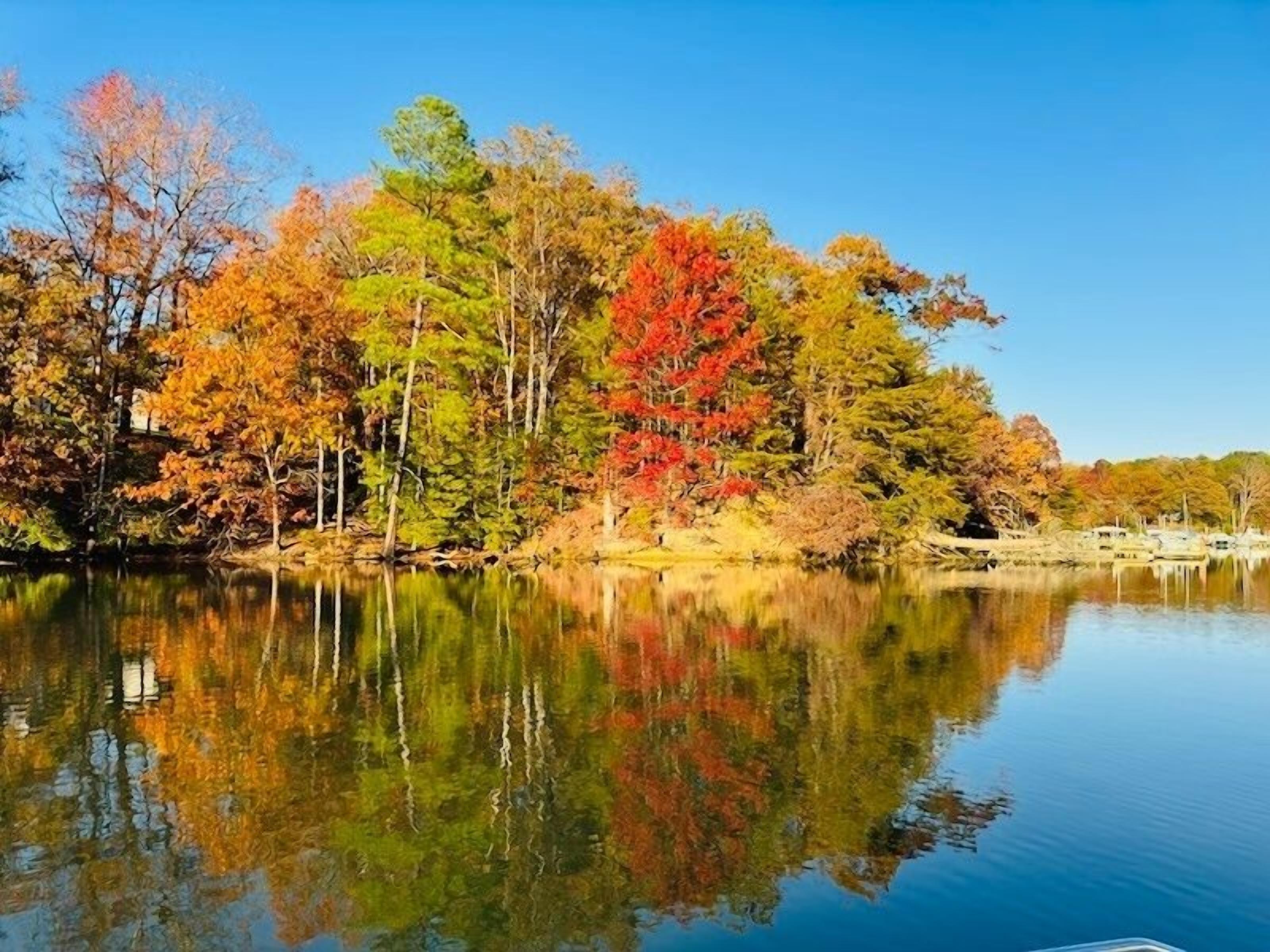 A calm lake reflecting colorful autumn trees.