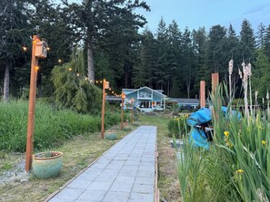 A pathway leading to a house surrounded by greenery and tall trees.
