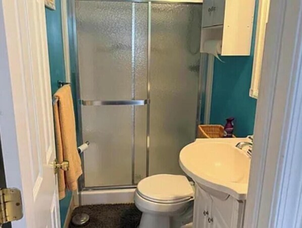 A bathroom with a shower, toilet, and sink. - Spacious 5-bedroom house in beautiful Belmar w/ WiFi. 2 blocks from the beach! (Belmar)