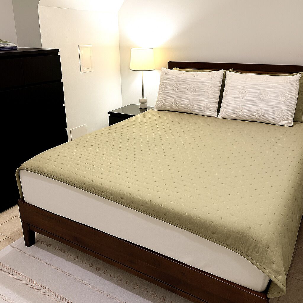 Een net opgemaakt bed met een groene deken en twee kussens, een nachtkastje met een lamp en een dressoir links.