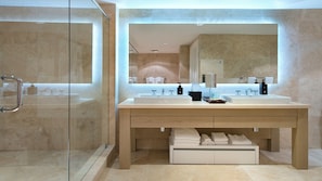 Shower, eco-friendly toiletries, hair dryer, towels