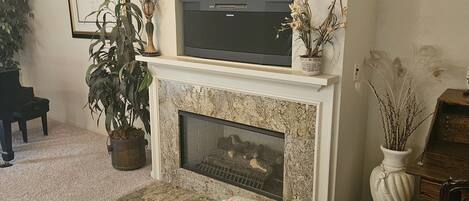 Fernseher, Kamin, DVD-Player, Bücher