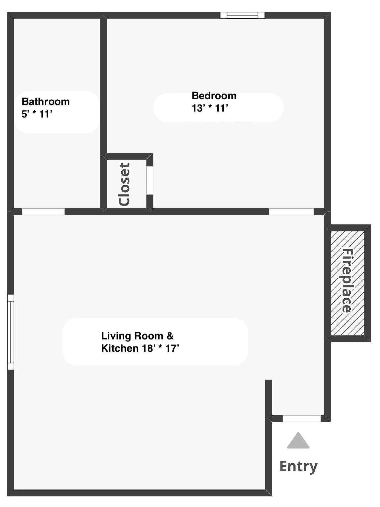A floor plan of a house with a bathroom, bedroom, closet, living room & kitchen, fireplace, and entry.
