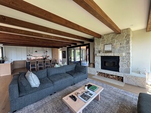 智能電視、壁爐、書籍、音響