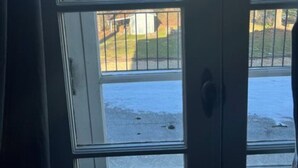 A view through a glass door with a metal gate and a snow-covered ground. - The Azalea Room w/ Queen Bed (Woodsfield)