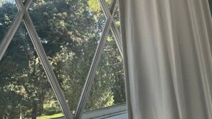 Une fenêtre avec un rideau blanc, une vue sur des arbres et un support métallique fixé au cadre de la fenêtre.