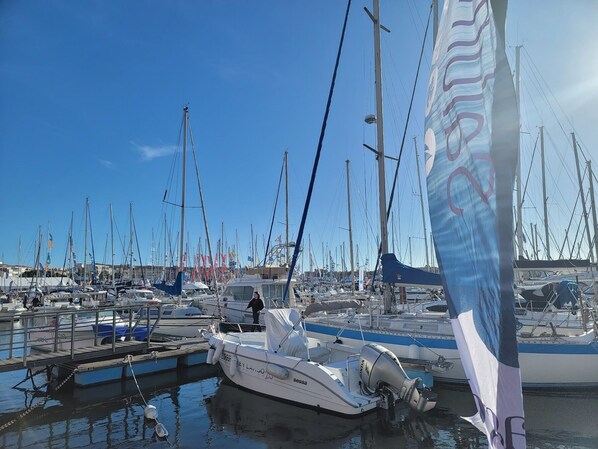A marina with multiple sailboats docked, a person walking, and a clear blue sky. - Charming 2-bedroom house: AC, rooftop terrace in the heart of enchanting Agde (Agde)