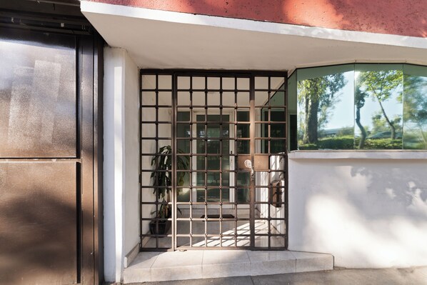 A gated entrance with a metal gate, a potted plant, and a view of trees through a window.