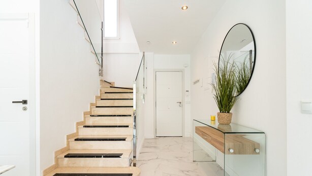 A modern staircase with glass railings and a minimalist design. - Peaceful Lux, 3 Bed townhouse 10 min to the Beach REF016 (Mijas Costa)