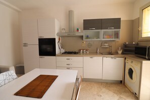 Une cuisine compacte équipée d’un four à micro-ondes, d’une cuisinière, d’un évier et d’un lave-linge encastré.