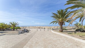 A paved walkway with bicycles, palm trees, and a distant view of the beach.