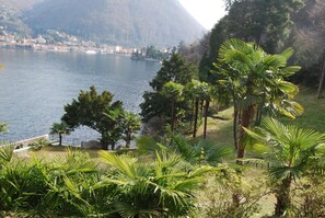 Un lac bordé de montagnes, entouré d’une végétation luxuriante et de palmiers.