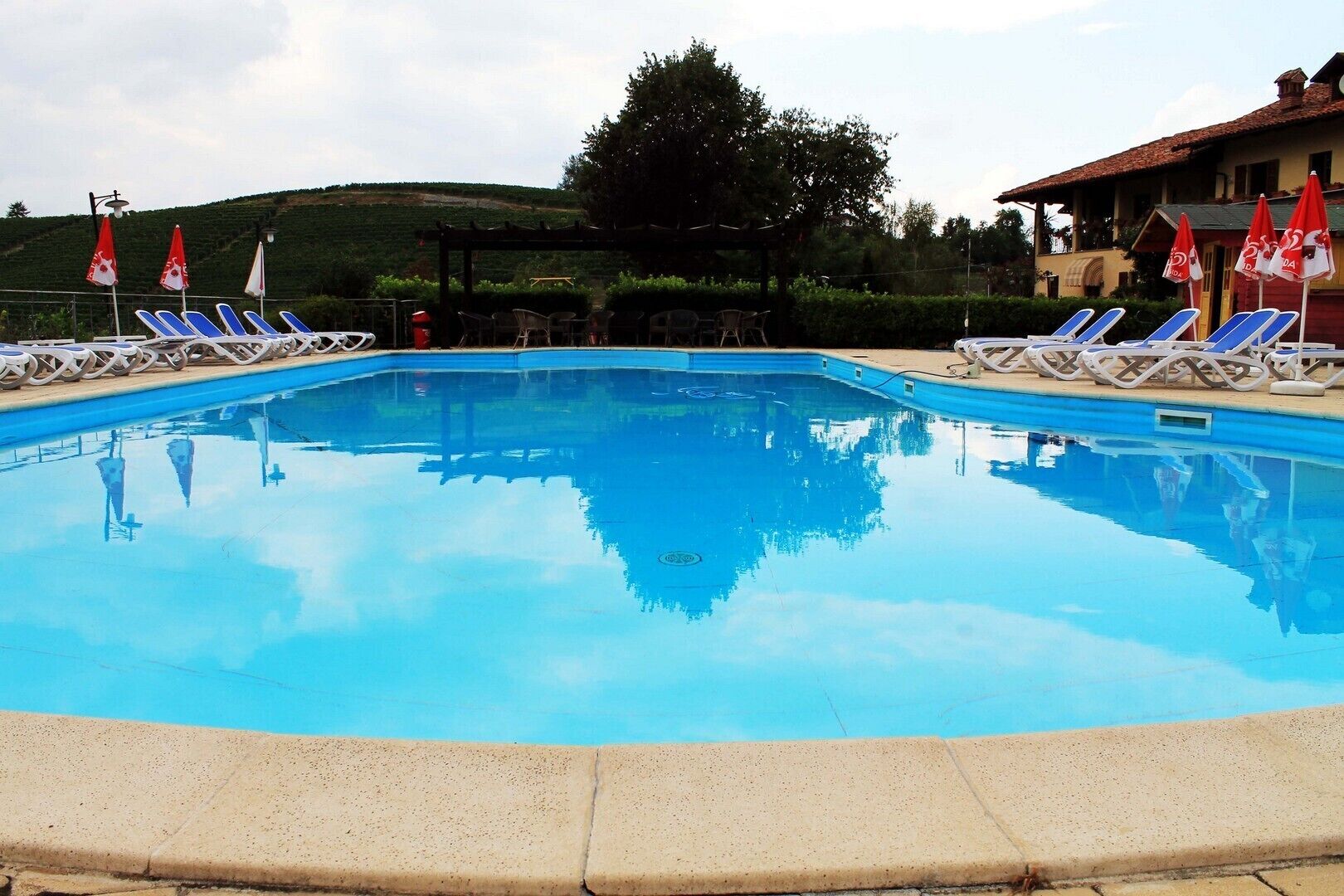 A swimming pool with lounge chairs and umbrellas, surrounded by a landscaped area with a building in the background.