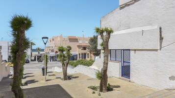 Una calle estrecha con palmeras, un portón azul y edificios con fachadas beige y blancas.