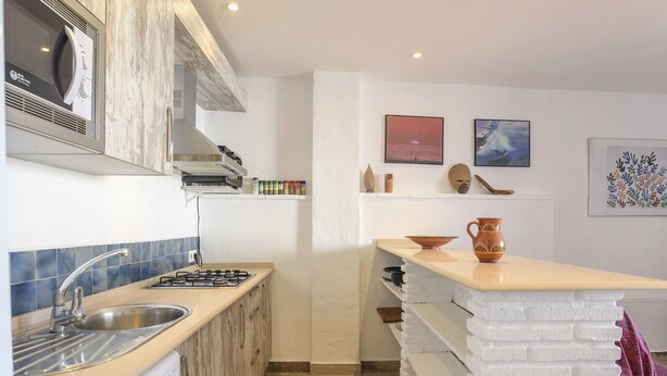 Een kleine keuken met een spoelbak, fornuis en een eilandje met een karaf.
