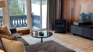 Smart TV, fireplace, DVD player, books